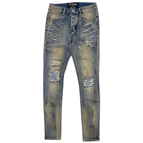 En Noir Men's Clash Sand Wash Rip & Repair Distressed Skinny Fit Denim Jeans - Picture 4 of 8